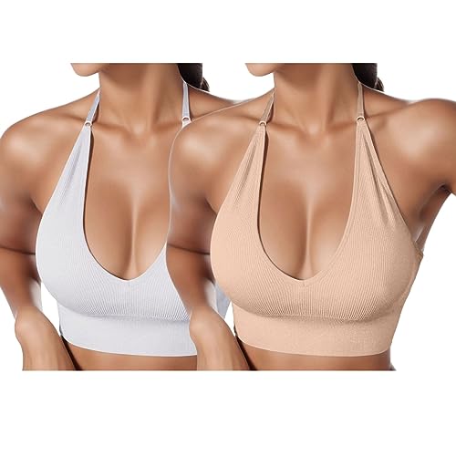 2er Pack BHS Damen Neckholder Sport BH Rückenfrei Tiefer V Ausschinitt Sport Bustier Gepolstert Sexy Gym Push Up Ohne Bügel Bra Crop Top Backless Verstellbare Träger von HMLTD