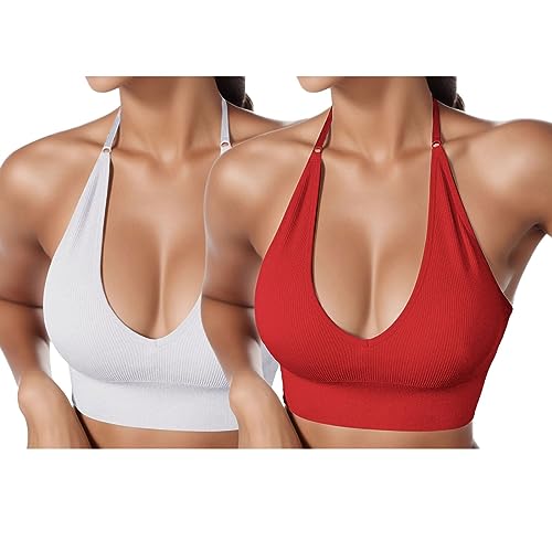 2er Pack BHS Damen Neckholder Sport BH Rückenfrei Tiefer V Ausschinitt Sport Bustier Gepolstert Sexy Gym Push Up Ohne Bügel Bra Crop Top Backless Verstellbare Träger von HMLTD