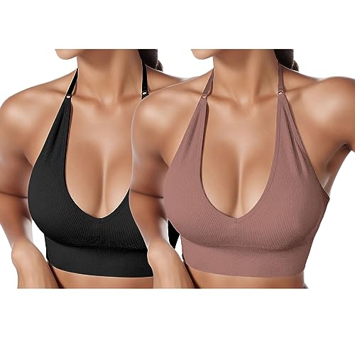 2er Pack BHS Damen Neckholder Sport BH Rückenfrei Tiefer V Ausschinitt Sport Bustier Gepolstert Sexy Gym Push Up Ohne Bügel Bra Crop Top Backless Verstellbare Träger von HMLTD