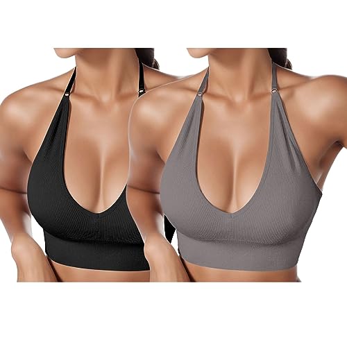 2er Pack BHS Damen Neckholder Sport BH Rückenfrei Tiefer V Ausschinitt Sport Bustier Gepolstert Sexy Gym Push Up Ohne Bügel Bra Crop Top Backless Verstellbare Träger von HMLTD