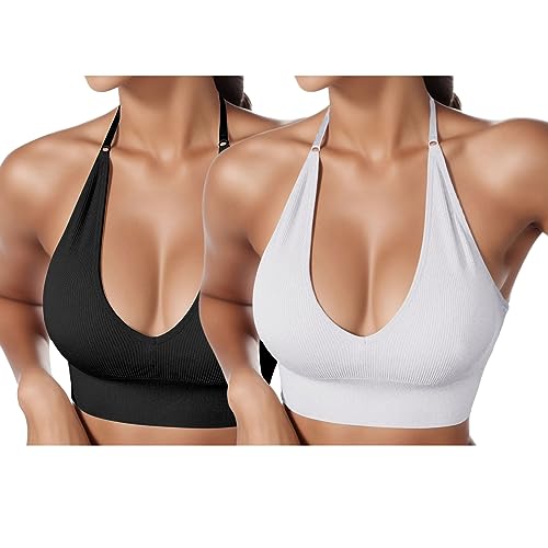 2er Pack BHS Damen Neckholder Sport BH Rückenfrei Tiefer V Ausschinitt Sport Bustier Gepolstert Sexy Gym Push Up Ohne Bügel Bra Crop Top Backless Verstellbare Träger von HMLTD