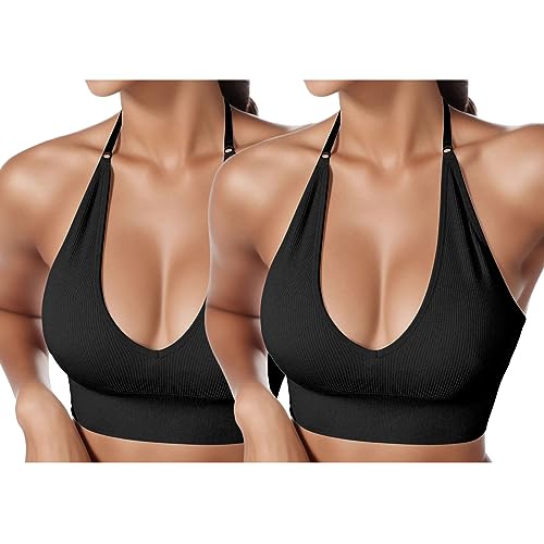 2er Pack BHS Damen Neckholder Sport BH Rückenfrei Tiefer V Ausschinitt Sport Bustier Gepolstert Sexy Gym Push Up Ohne Bügel Bra Crop Top Backless Verstellbare Träger von HMLTD