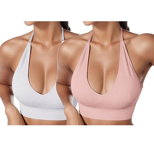 2er Pack BHS Damen Neckholder Sport BH Rückenfrei Tiefer V Ausschinitt Sport Bustier Gepolstert Sexy Gym Push Up Ohne Bügel Bra Crop Top Backless Verstellbare Träger von HMLTD