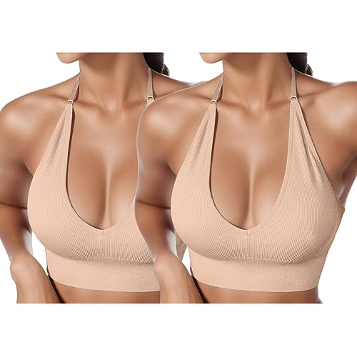 2er Pack BHS Damen Neckholder Sport BH Rückenfrei Tiefer V Ausschinitt Sport Bustier Gepolstert Sexy Gym Push Up Ohne Bügel Bra Crop Top Backless Verstellbare Träger von HMLTD