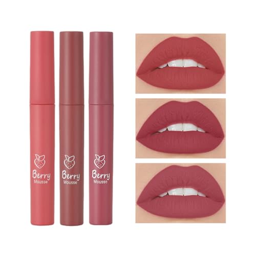 3Pcs Strawberry Matte Lipgloss Set, Liquid Lipstick Makeup Set,Nude Liquid Long-Lasting Waterproof Wear Non-Stick Cup Not Fade, Moisturizing Lip Glosses Lip Glaze Make Up Gift Kit For Women And Girls von HMLTD