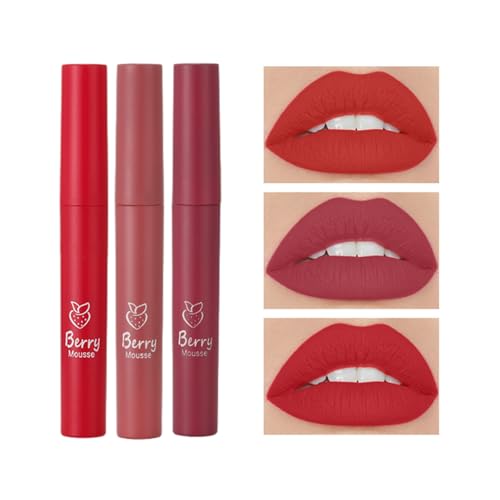 3Pcs Strawberry Matte Lipgloss Set, Liquid Lipstick Makeup Set,Nude Liquid Long-Lasting Waterproof Wear Non-Stick Cup Not Fade, Moisturizing Lip Glosses Lip Glaze Make Up Gift Kit For Women And Girls von HMLTD