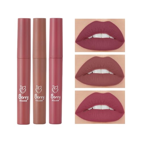 3Pcs Strawberry Matte Lipgloss Set, Liquid Lipstick Makeup Set,Nude Liquid Long-Lasting Waterproof Wear Non-Stick Cup Not Fade, Moisturizing Lip Glosses Lip Glaze Make Up Gift Kit For Women And Girls von HMLTD