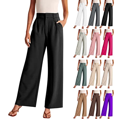 Damen Einfarbig Lose Gerade Geschnitten Palazzo Hose Hohe Taille Dehnbar Lounge Hose Lang Anzughosen Freizeithose mit Taschen von HMLTD