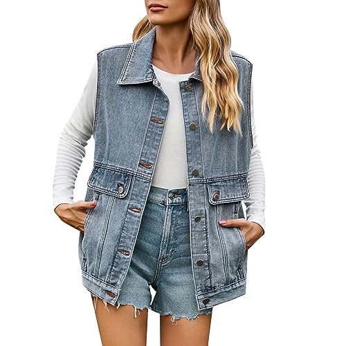 Damen Jeansweste Jeansjacke mit Kapuze Oversized Boyfriend Denim Jeans Weste Locker Ärmellos Hoodie Jacke Mantel mit Taschen von HMLTD