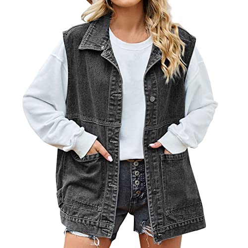 Damen Jeansweste Jeansjacke mit Kapuze Oversized Boyfriend Denim Jeans Weste Locker Ärmellos Hoodie Jacke Mantel mit Taschen von HMLTD