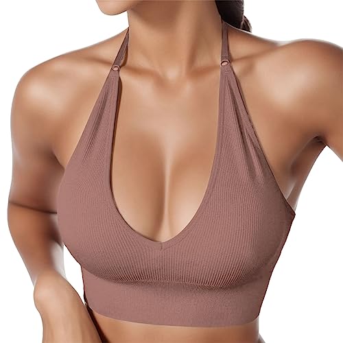 Damen Neckholder Sport BH Rückenfrei Tiefer V Ausschinitt Sport Bustier Gepolstert Sexy Gym Push Up Ohne Bügel Bra Crop Top Backless Verstellbare Träger von HMLTD