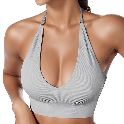 Damen Neckholder Sport BH Rückenfrei Tiefer V Ausschinitt Sport Bustier Gepolstert Sexy Gym Push Up Ohne Bügel Bra Crop Top Backless Verstellbare Träger von HMLTD