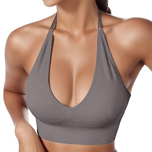 Damen Neckholder Sport BH Rückenfrei Tiefer V Ausschinitt Sport Bustier Gepolstert Sexy Gym Push Up Ohne Bügel Bra Crop Top Backless Verstellbare Träger von HMLTD