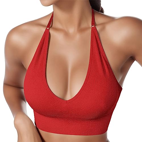 Damen Neckholder Sport BH Rückenfrei Tiefer V Ausschinitt Sport Bustier Gepolstert Sexy Gym Push Up Ohne Bügel Bra Crop Top Backless Verstellbare Träger von HMLTD