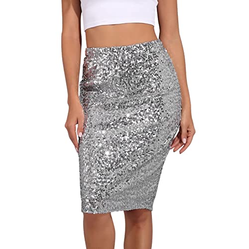 Damen Pailletten Rock Dehnbar Bodycon Hohe Taille Glitzer Pailletten Bleistiftrock für Frauen Party Nacht von HMLTD