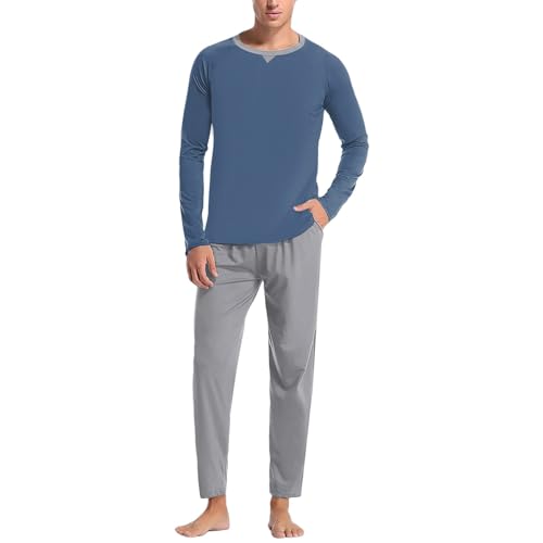 Pyjama Herren, Baumwolle Schlafanzug Zweiteiliger Lang Schlafanzüge Nachtwäsche Langarm Shirt und Loungehose, Superweiche Loungewear Sleepwear Pjs Set von HMLTD