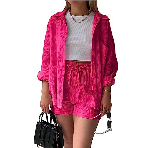 HMLTD Set Damen Outfit 2 Teiler Damen Sommer Zweiteiler Freizeit Basic 2 Teilig Anzug Sommer Elegant Zweiteiler Outfit Set für Frauen Y2K Streetwear Baggy Tracksuit Set Blusen Shirt High Waist Shorts von HMLTD