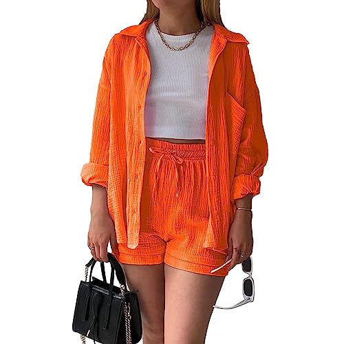 HMLTD Set Damen Outfit 2 Teiler Damen Sommer Zweiteiler Freizeit Basic 2 Teilig Anzug Sommer Elegant Zweiteiler Outfit Set für Frauen Y2K Streetwear Baggy Tracksuit Set Blusen Shirt High Waist Shorts von HMLTD