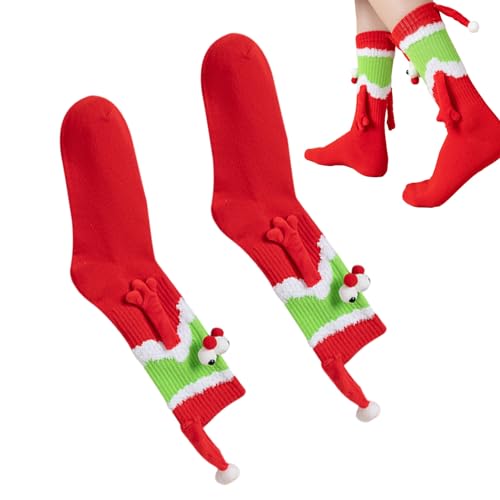 Socken halten sich an den Händen,Magnetische weihnachtliche 3D-Augen-Mittelrohrsocken - Lustige Freundschafts-Hand-in-Hand-Socken, bequeme rote Weihnachtssocken für Damen und Herren, Paare und Hmltd von HMLTD