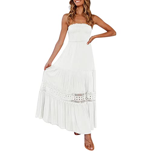 Strandkleid Damen Sommer Bandeau Kleid Lang Schulterfreies Sommerkleid Sexy Trägerlos Off Shoulder Rückenfrei Spitzenbesatz Maxikleid Swing A Line Langes Kleider Boho Kleid Partykleid von HMLTD