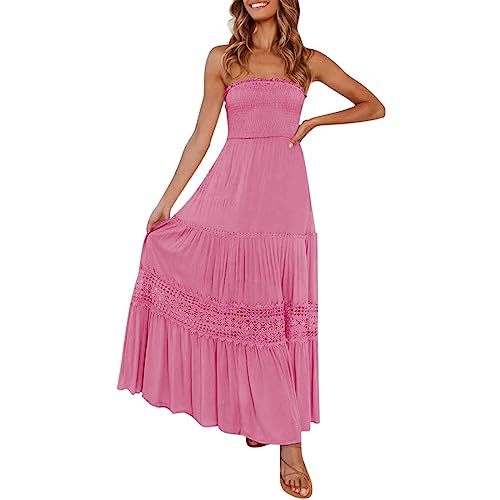 Strandkleid Damen Sommer Bandeau Kleid Lang Schulterfreies Sommerkleid Sexy Trägerlos Off Shoulder Rückenfrei Spitzenbesatz Maxikleid Swing A Line Langes Kleider Boho Kleid Partykleid von HMLTD