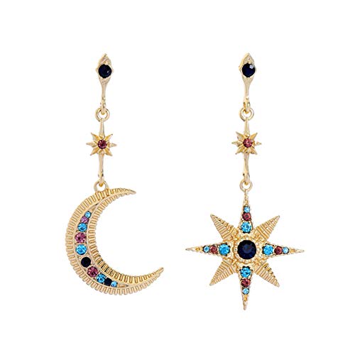 HMOOY Bohemian Moon Star Asymmetrische baumelnde Creolen Crystal Moon und Sun Drop Stud Lange Ohrringe Retro Exquisite Punk Style Accessoires Schmuck für Frauen (Gold-C) von HMOOY