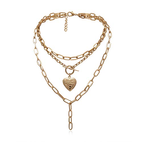 HMOOY Cool Punk Chunky Chain Statement Halskette Herzförmiges Foto Medaillon Anhänger Layered Choker Halskette Schmuck für Frauen Mädchen (Gold) von HMOOY