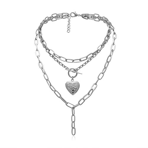 HMOOY Cool Punk Chunky Chain Statement Halskette Herzförmiges Foto Medaillon Anhänger Layered Choker Halskette Schmuck für Frauen Mädchen (Silver) von HMOOY