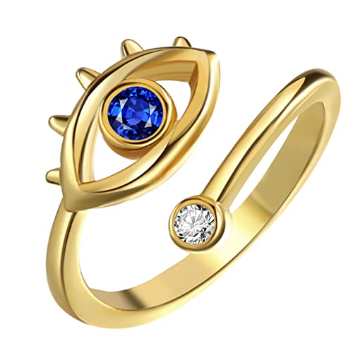 HMOOY Evil Eye Ring, Blau Zirkonia Evil Eye Offener Ring Türkisch Blau Auge Stapelbarer Ring Verstellbarer Offener Wickelring für Damen Mädchen Evil Eye Schmuck für Schutz (Gold) von HMOOY