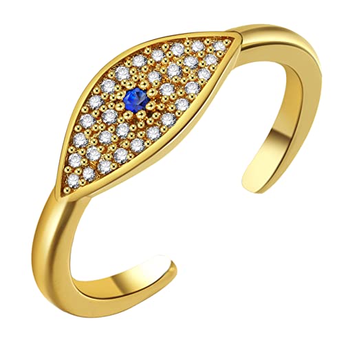 HMOOY Evil Eye Ring, Blau Zirkonia Evil Eye Offener Ring Türkisch Blau Auge Stapelbarer Ring Verstellbarer Offener Wickelring für Damen Evil Eye Schmuck für Schutz (Gold 1) von HMOOY