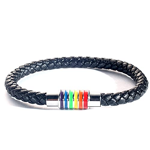 HMOOY Gay Pride Armband, Regenbogen Geflochtenes Lederarmband LGBT Regenbogen Armband Edelstahl Regenbogen Magnetverschluss Armreif Gay Pride Armband Stolz Schmuck für Männer Frauen (Schwarz) von HMOOY