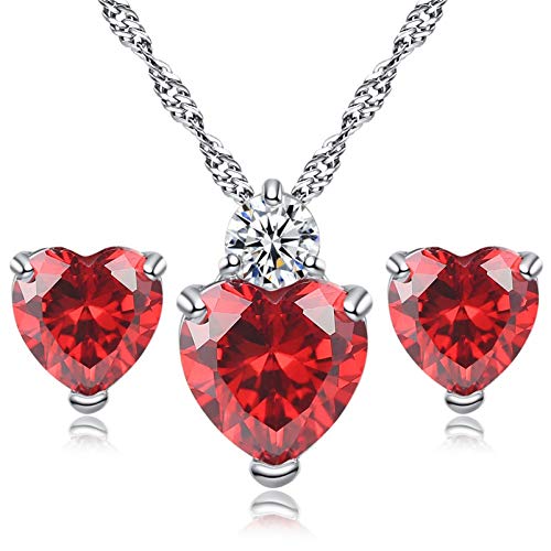 HMOOY Herz Kristall Anhänger Halskette und Ohrstecker Set Versilbert Kristall Schmuck Schmuck Hochzeitstag Set für Frauen (Red) von HMOOY