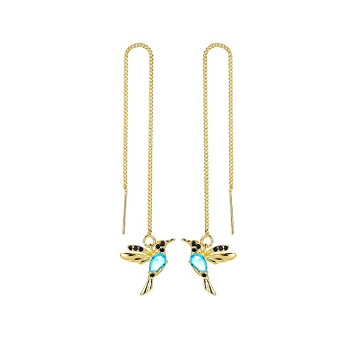 HMOOY Kolibri Ohrringe, Goldene Kolibri Einfädler Ohrringe Kolibri Tropfen Ohrringe mit Langkettiger Quaste Kolibri Schmuck für Damen (Gold-blau) von HMOOY