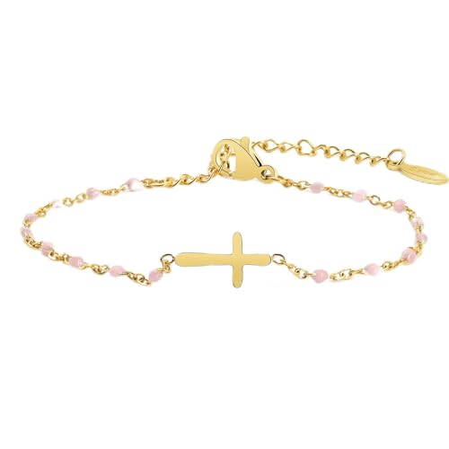 HMOOY Kreuz Perlen Armband, Personalisierte Partner Paar Armband Kommunion Kreuz Konfirmation Geschenke Christliche Armbänder Einstellbare Damen Armband Geschenke (Hellrosa-Gold) von HMOOY