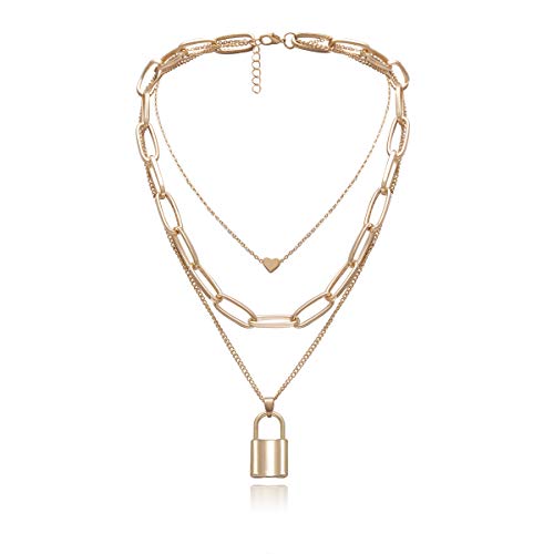 HMOOY Layered Heart Halskette Schlossschlüssel Anhänger Punk Langkettenhalsband Cool Punk Chunky Chain Toggle Halskette für Frauen Männer Mädchen Jungen (Gold 1) von HMOOY