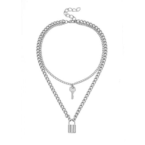 HMOOY Layered Heart Halskette Schlossschlüssel Anhänger Punk Langkettenhalsband Cool Punk Chunky Chain Toggle Halskette für Frauen Männer Mädchen Jungen (Silver 2) von HMOOY