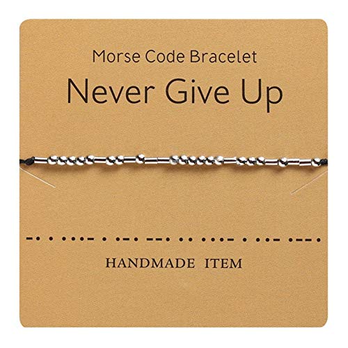 HMOOY Morsecode Armband versilberte Perlen auf Seidenschnur Freundschaftsarmband Geheime Botschaft Morris Schmuck für Frauen Männer Geschenk für sie Ihn (Gib Niemals auf) von HMOOY