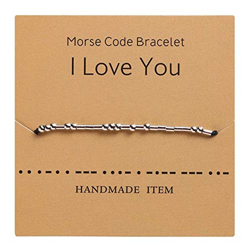 HMOOY Morsecode Armband versilberte Perlen auf Seidenschnur Freundschaftsarmband Geheime Botschaft Morris Schmuck für Frauen Männer Geschenk für sie Ihn (Ich Liebe Dich) von HMOOY