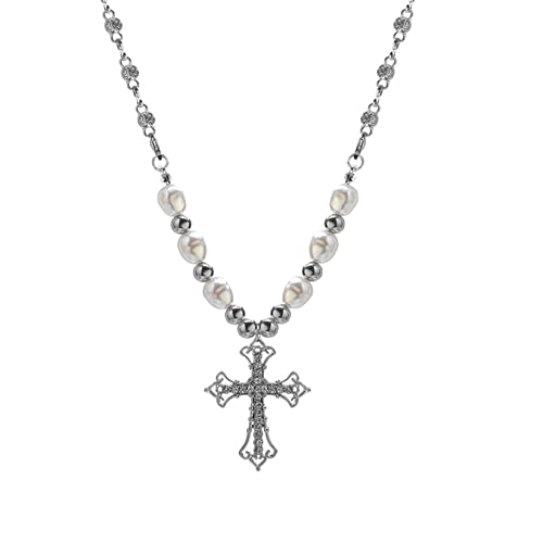 HMOOY Perlen Kreuz Kette, Mode Perlenkette Mit Kreuz Aanhanger Katholische Rosenkranz Kette Halskette Vintage Silber Kreuz Halskette für Damen Herren Mädchen (Silber) von HMOOY