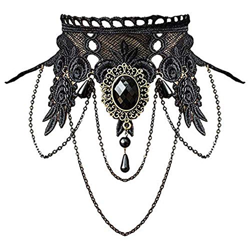 HMOOY Punk Rock Hochzeitsfeier Handgemachte Spitze Halsreif Gothic Retro Lolita Perlen Kette Vampir Anhänger Halskette für Halloween Frauen (Black-C) von HMOOY