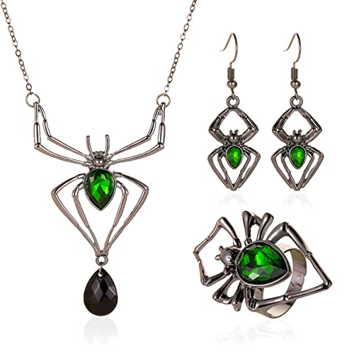 HMOOY Spinnen Schmuckset, Halloween Spinnen Anhänger Halskette Tropfen Baumeln Ohrringe und Ring Set Vintage Gotische Spinnen Halskette Grünes Kristall Halloween Schmuck für Damen (Grün) von HMOOY