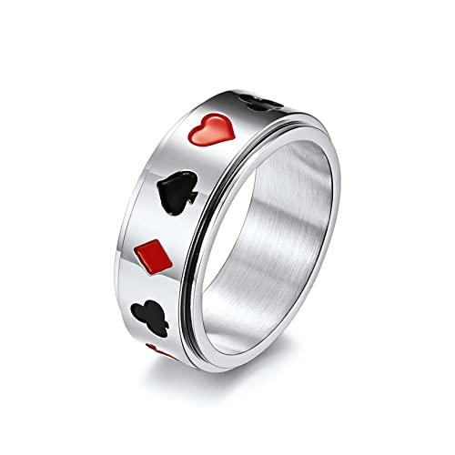 HMOOY Spinnring aus Edelstahl, Spielkarte Pik Ass Poker Ring Fidget Band Ring Stress lindernde Angst Ring für Damen Herren Hochzeit Versprechen Verlobungsring Größe 7-11 (Silber, 8) von HMOOY