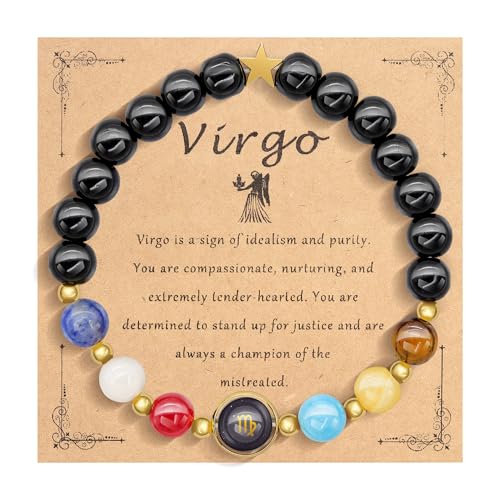 HMOOY Sternzeichen Naturstein-Armband für Männer Frauen, 12 Konstellation echte 8mm große Natursteinperlen und Kristall Himmels Astrologie Schmuck Aufmunternde Motivationsgeschenke (Jungfrau) von HMOOY