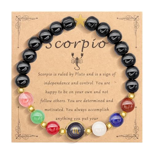 HMOOY Sternzeichen Naturstein-Armband für Männer Frauen, 12 Konstellation echte 8mm große Natursteinperlen und Kristall Himmels Astrologie Schmuck Aufmunternde Motivationsgeschenke (Skorpion) von HMOOY