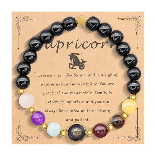 HMOOY Sternzeichen Naturstein-Armband für Männer Frauen, 12 Konstellation echte 8mm große Natursteinperlen und Kristall Himmels Astrologie Schmuck Aufmunternde Motivationsgeschenke (Steinbock) von HMOOY