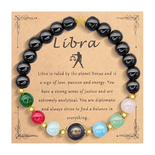 HMOOY Sternzeichen Naturstein-Armband für Männer Frauen, 12 Konstellation echte 8mm große Natursteinperlen und Kristall Himmels Astrologie Schmuck Aufmunternde Motivationsgeschenke (Waage) von HMOOY