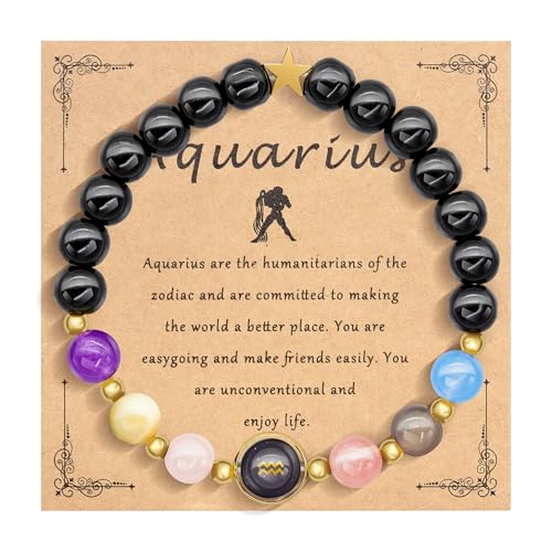 HMOOY Sternzeichen Naturstein-Armband für Männer Frauen, 12 Konstellation echte 8mm große Natursteinperlen und Kristall Himmels Astrologie Schmuck Aufmunternde Motivationsgeschenke (Wassermann) von HMOOY