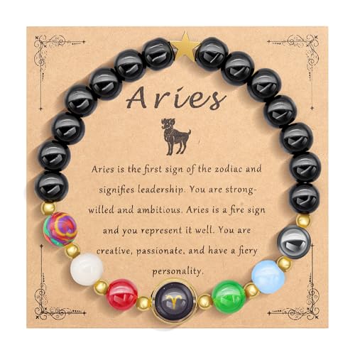 HMOOY Sternzeichen Naturstein-Armband für Männer Frauen, 12 Konstellation echte 8mm große Natursteinperlen und Kristall Himmels Astrologie Schmuck Aufmunternde Motivationsgeschenke (Widder) von HMOOY