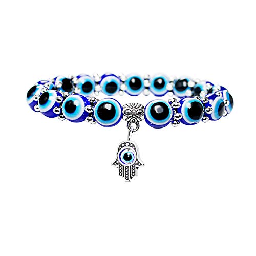 HMOOY Türkische blaue Perlen, Hamsa-Armband, Hamsa-Hand, Glücksbringer, dehnbar, für Schutz und Segen, Frauen und Männer, 10 mm, Harz von HMOOY