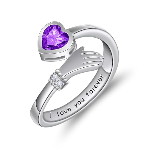 HMOOY Umarmung Ringe für Frauen, versilbert Umarmung Hände Ring einstellbar Zirkonia Hug Open Snake Ring eingraviert Ich liebe dich für immer Engagement Daumen Ring Damen Freundschaft Geschenke (Lila) von HMOOY